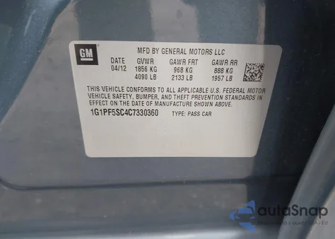 2012 Chevrolet Cruze 1Lt из США, поврежденный, VIN 1G1PF5SC4C7330360